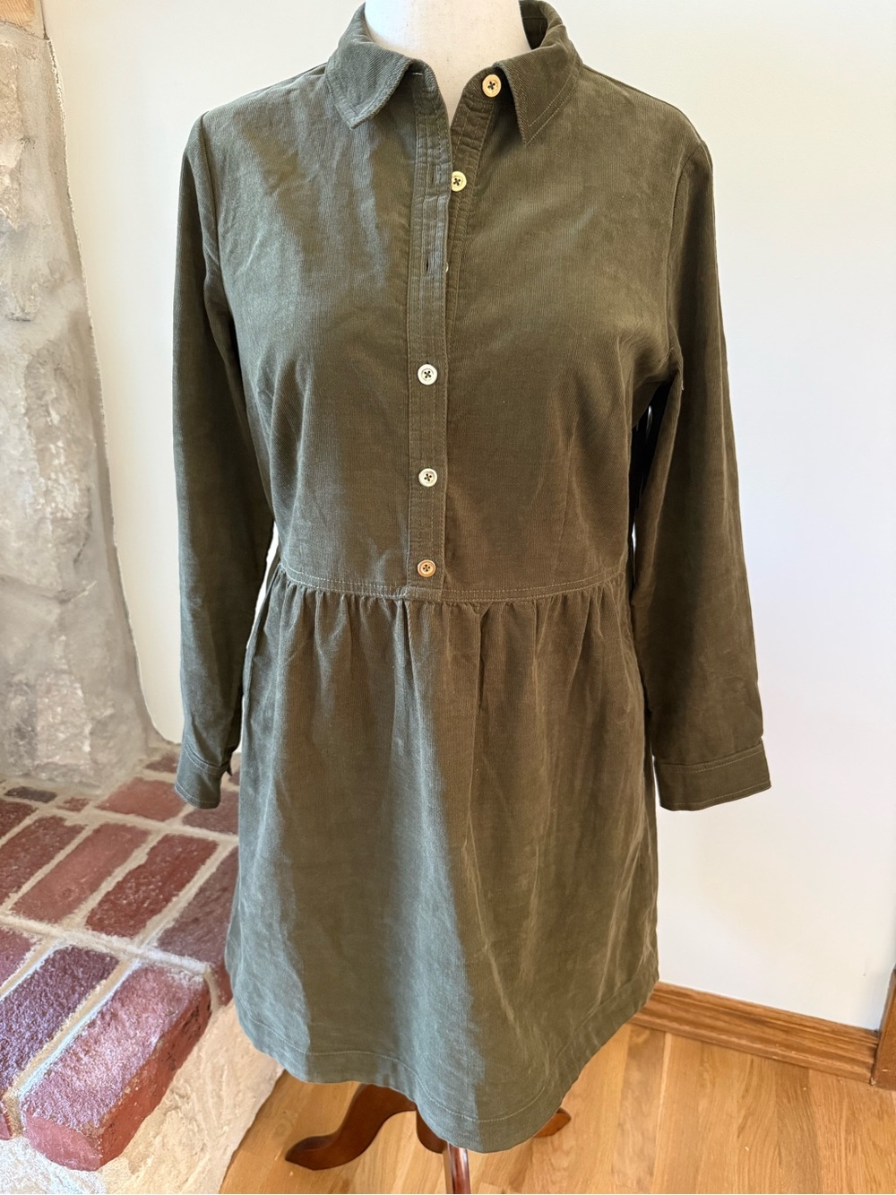 Talbots Olive Corduroy Long-Sleeve Shirt Dress